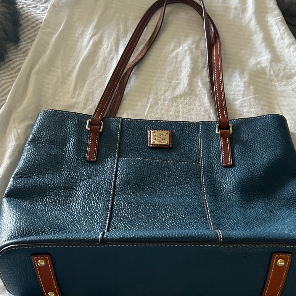 Dooney & Bourke Teal Leather Tote with Brown Accents